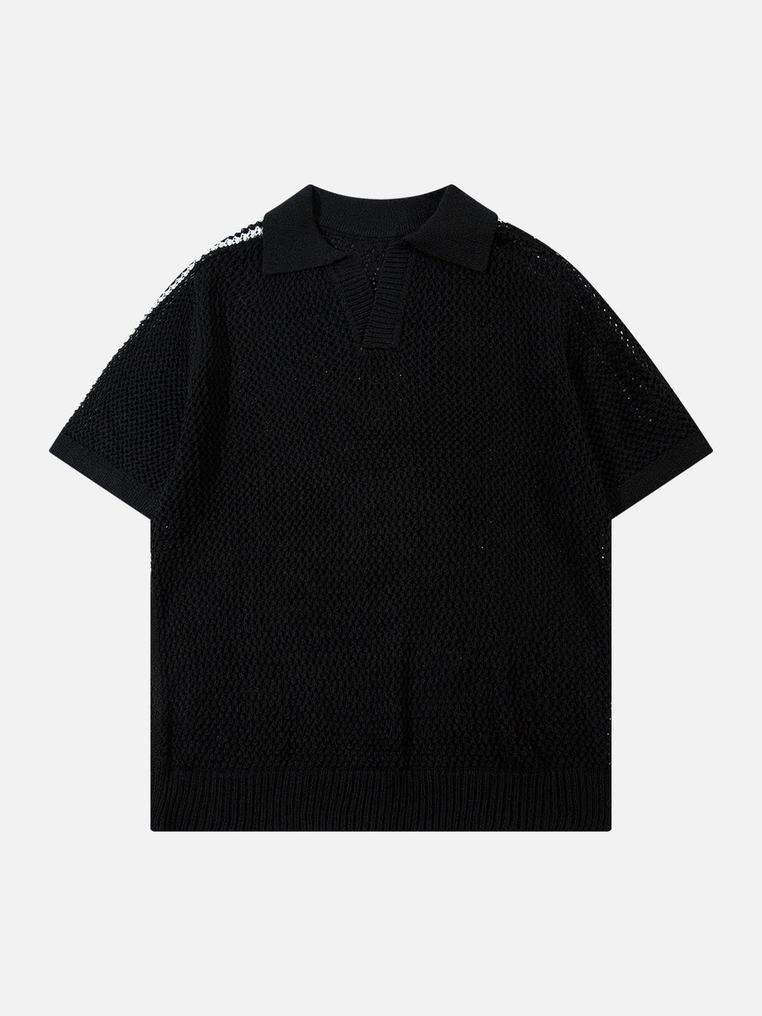 Front view of TALISHKO's black knitted polo sweater, featuring a breathable open-knit texture.