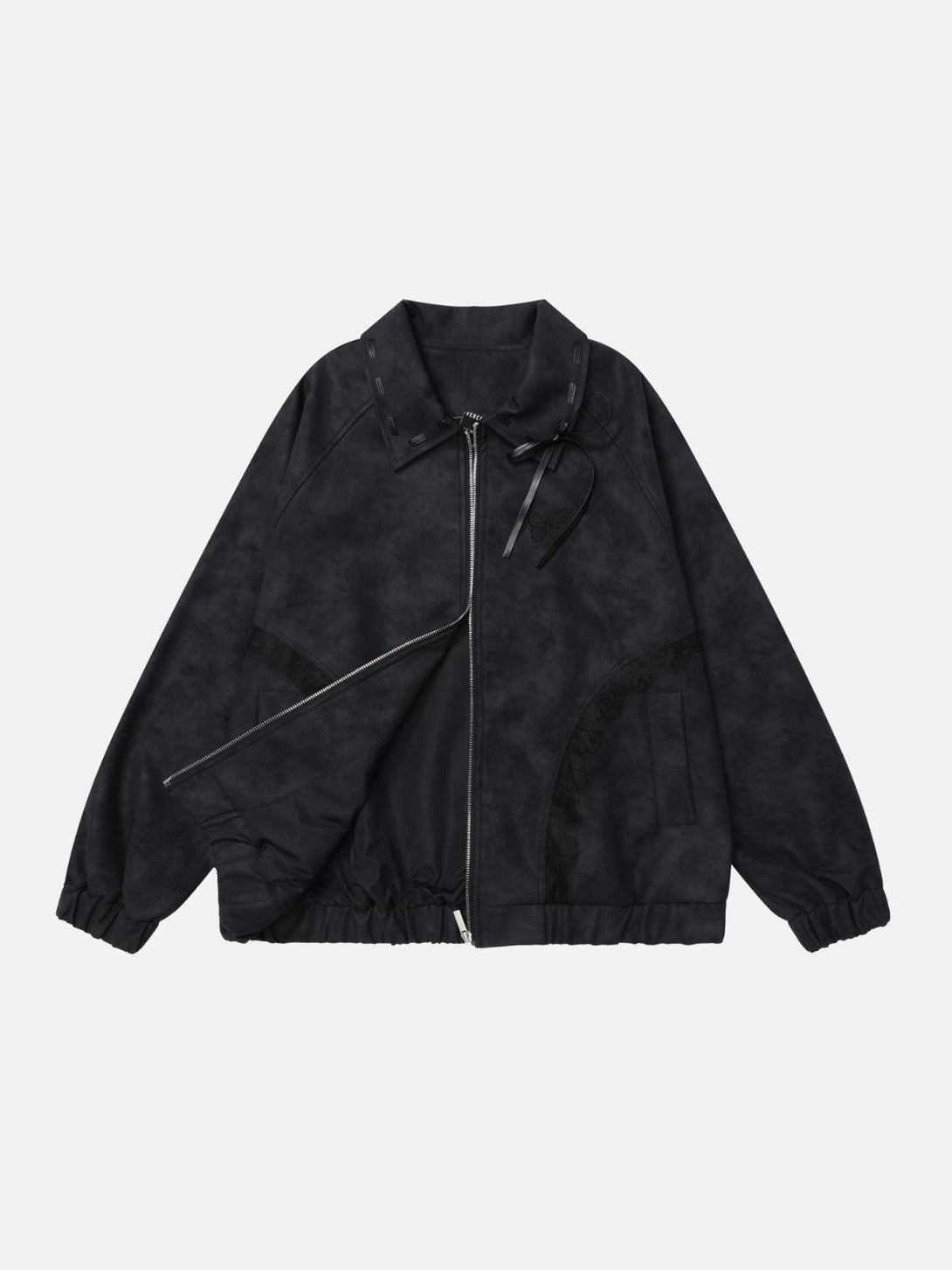 Front view of a black faux leather jacket by TALISHKO, featuring unique lace patchwork.