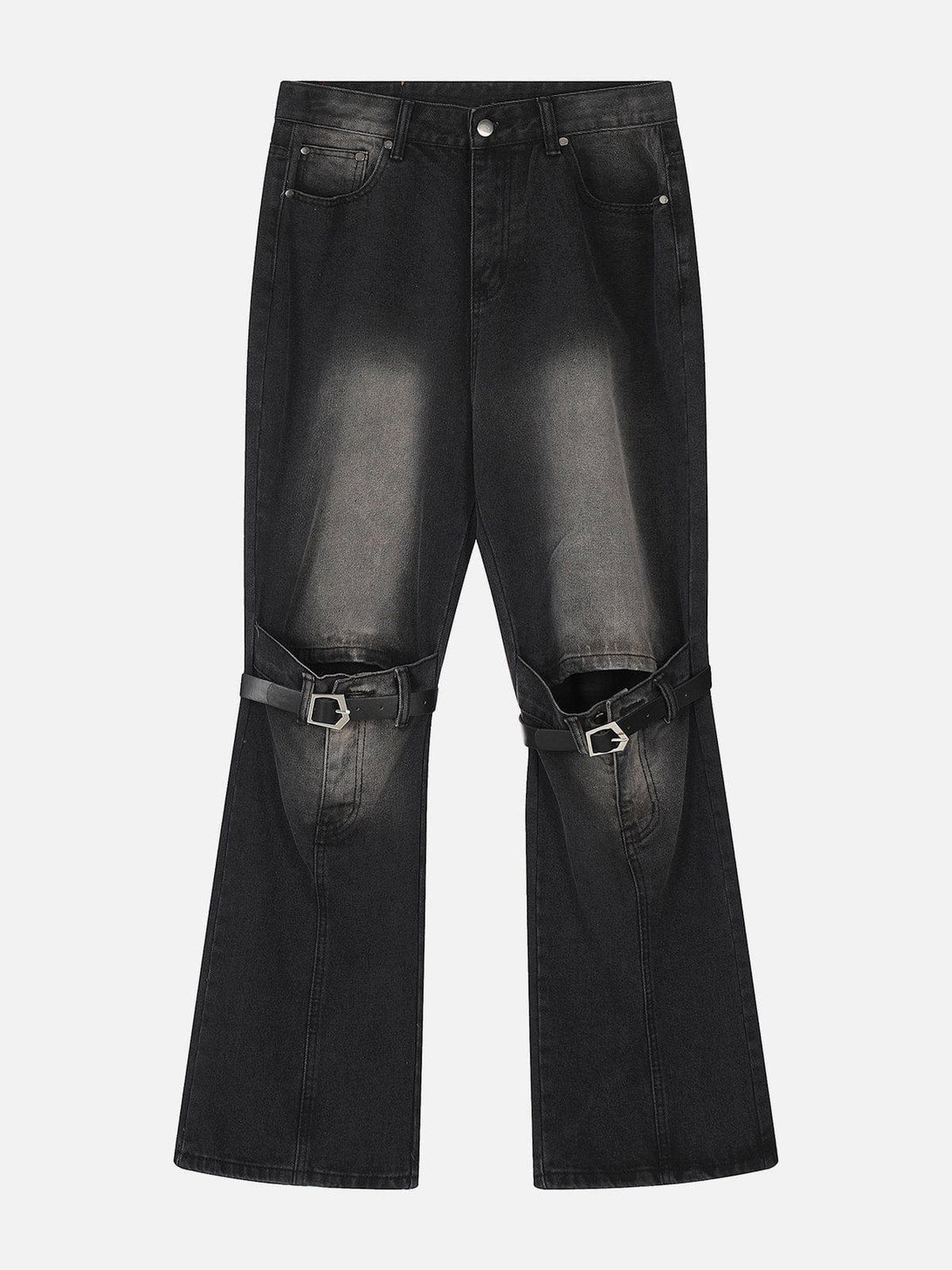 Front view of black ripped wash jeans by TALISHKO, featuring distinctive buckle straps.