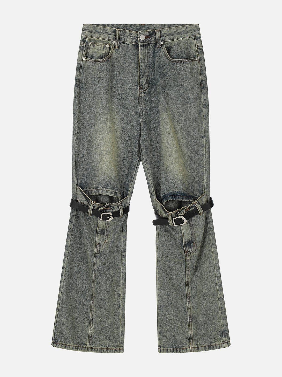 Front view of gray lace-up ripped wash jeans by TALISHKO with unique buckle detail.