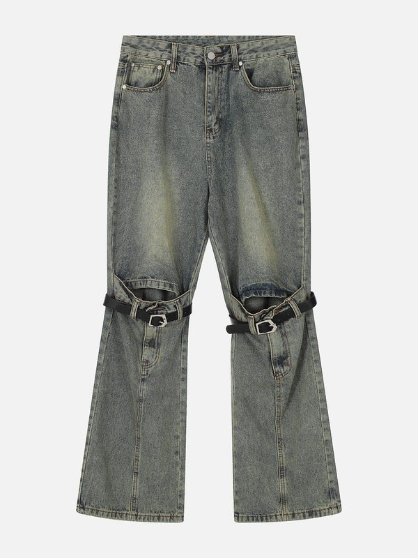 Front view of gray lace-up ripped wash jeans by TALISHKO with unique buckle detail.