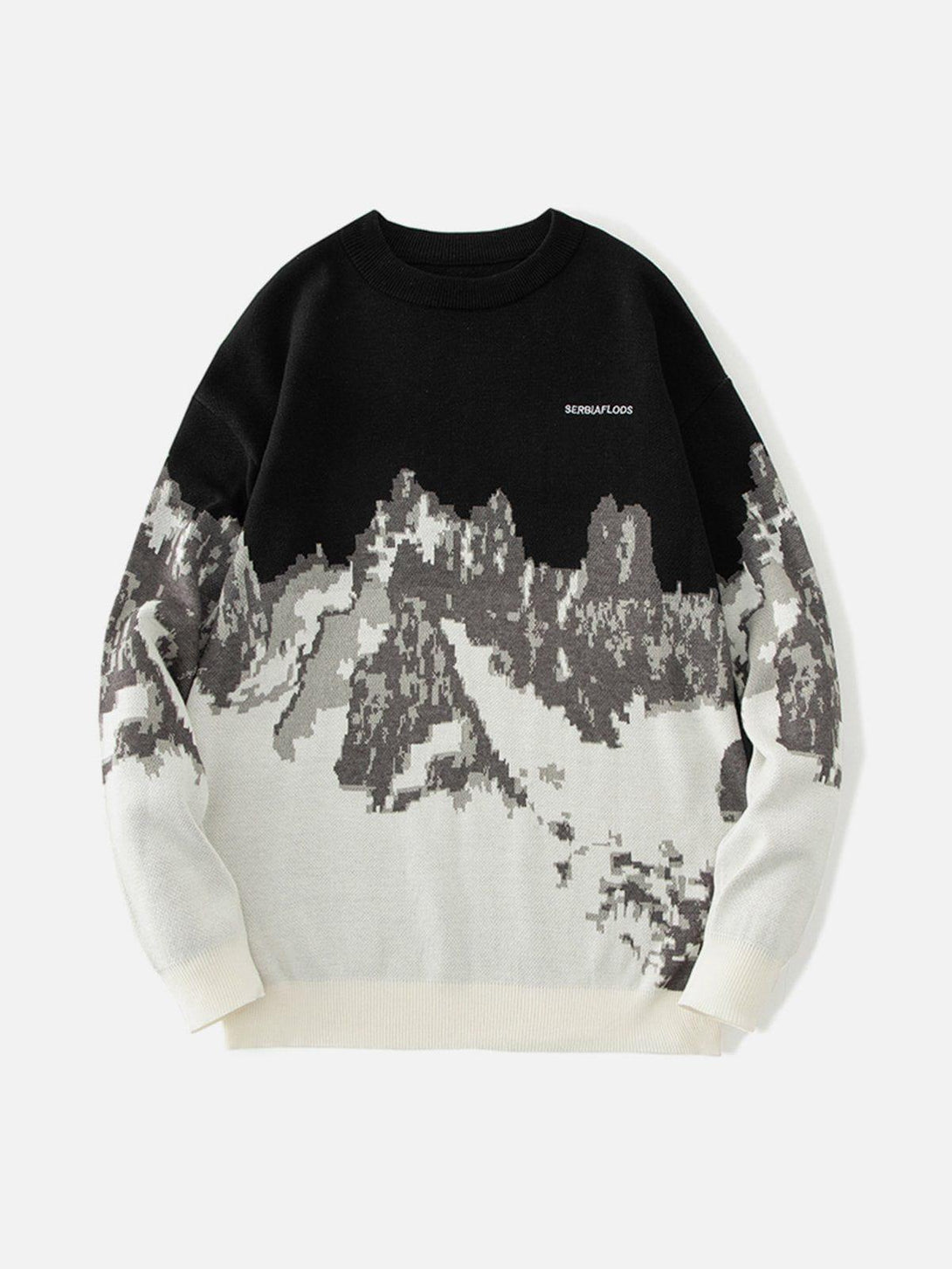 Front view of a black TALISHKO sweater featuring a snow mountain jacquard design.