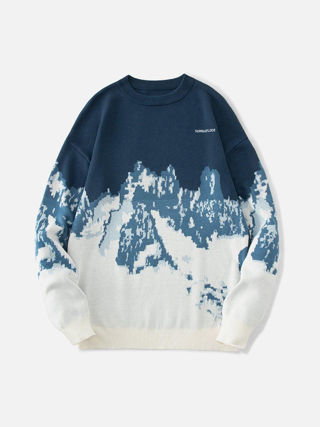 Front view of a blue TALISHKO sweater featuring a snow mountain jacquard design.
