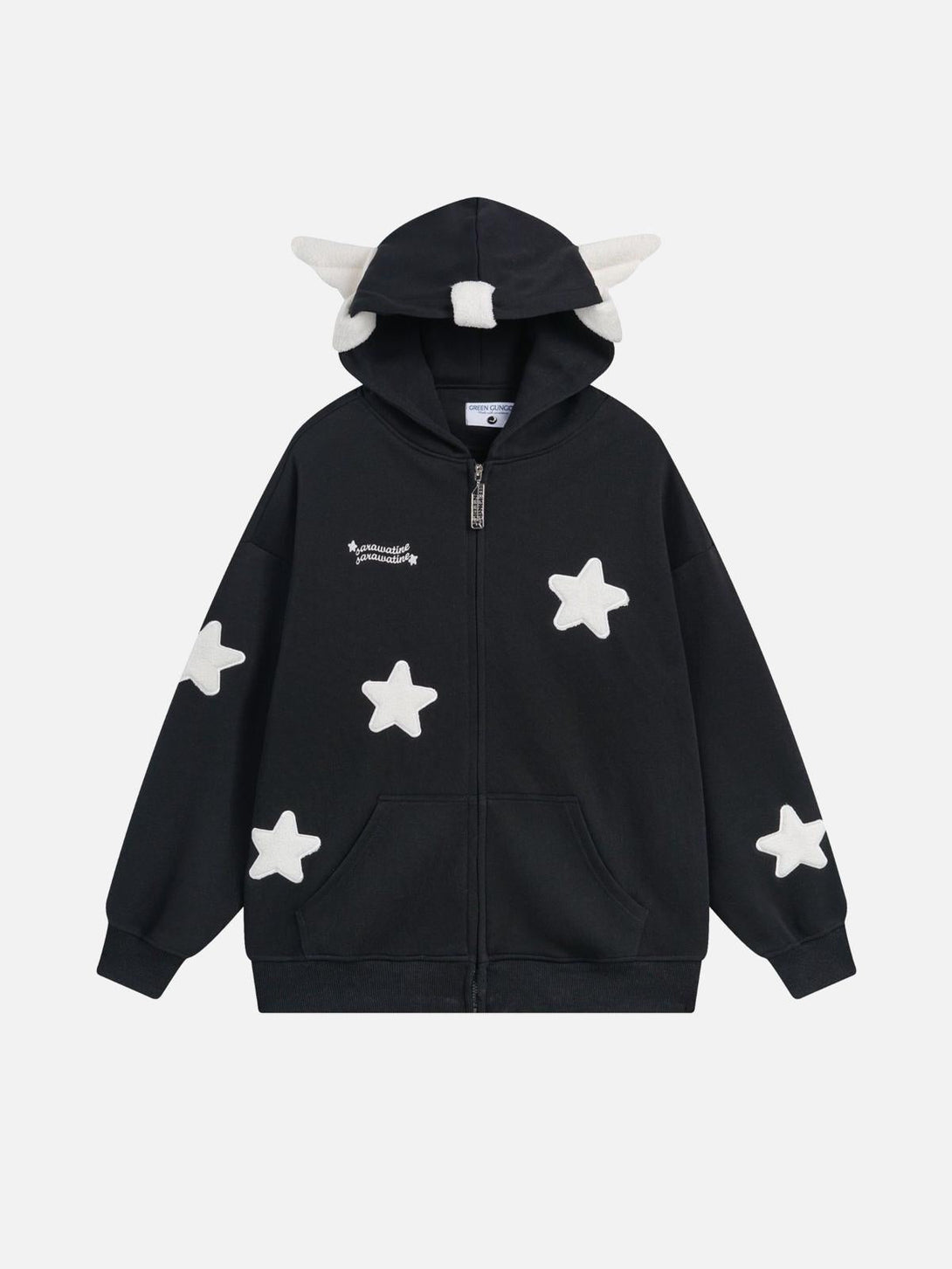 Front view of TALISHKO black hoodie with star patterns and playful ear details, perfect for urban style.