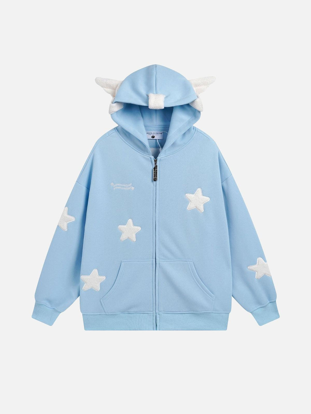 Front view of TALISHKO blue hoodie adorned with stars and playful ear details, adding a fun twist.