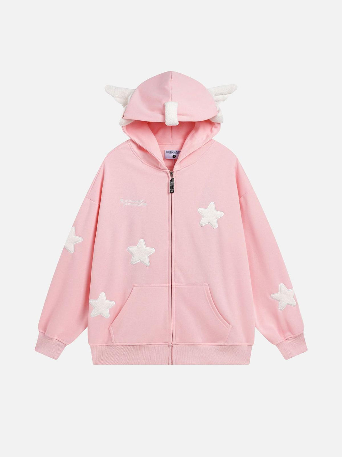 Pink star-adorned hoodie with playful ear details by TALISHKO, front view in a streetwear style.