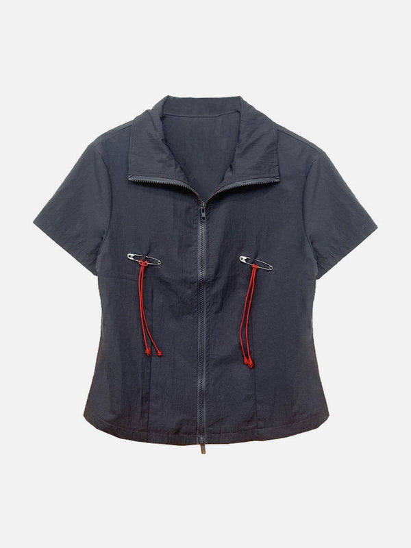 Front view of a gray Lanyard Zipper Tee by TALISHKO, featuring red drawstrings and unique details.