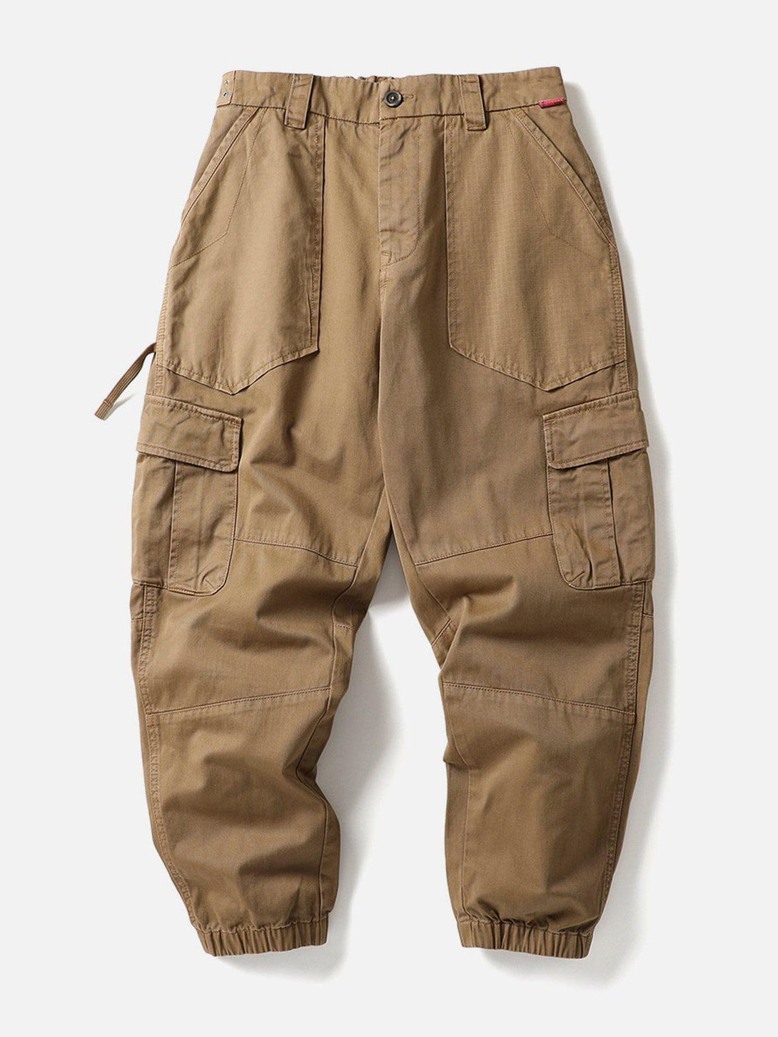 Front view of khaki cargo pants with multiple pockets, designed by TALISHKO for urban style.