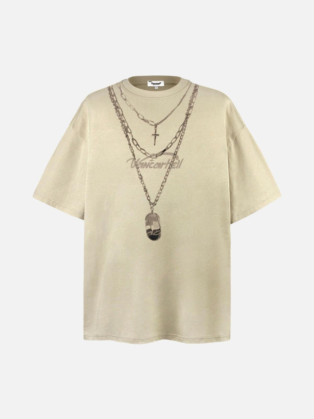 Front view of a beige tee with layered chains graphic by TALISHKO, perfect for casual style.
