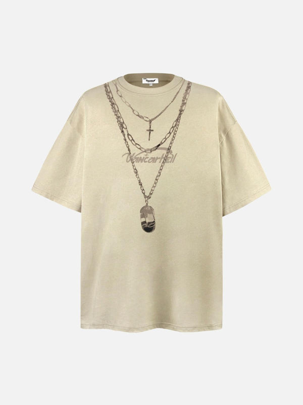 Front view of a beige tee with layered chains graphic by TALISHKO, perfect for casual style.