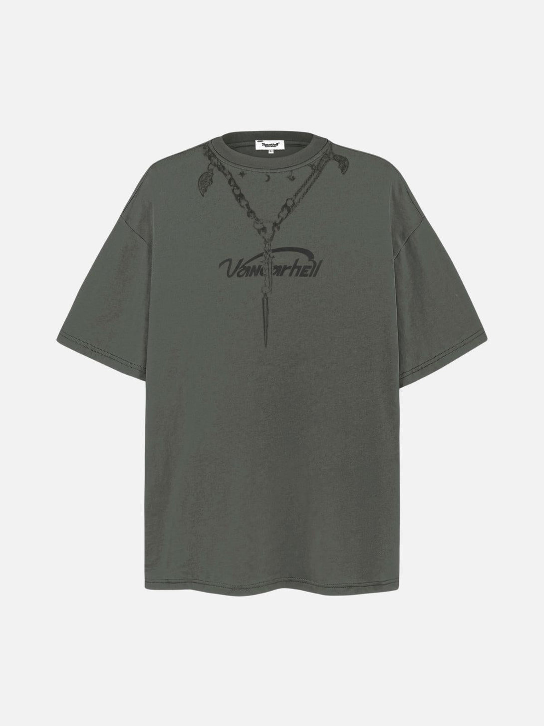 Front view of a gray tee featuring a layered chains graphic by TALISHKO, ideal for casual wear.