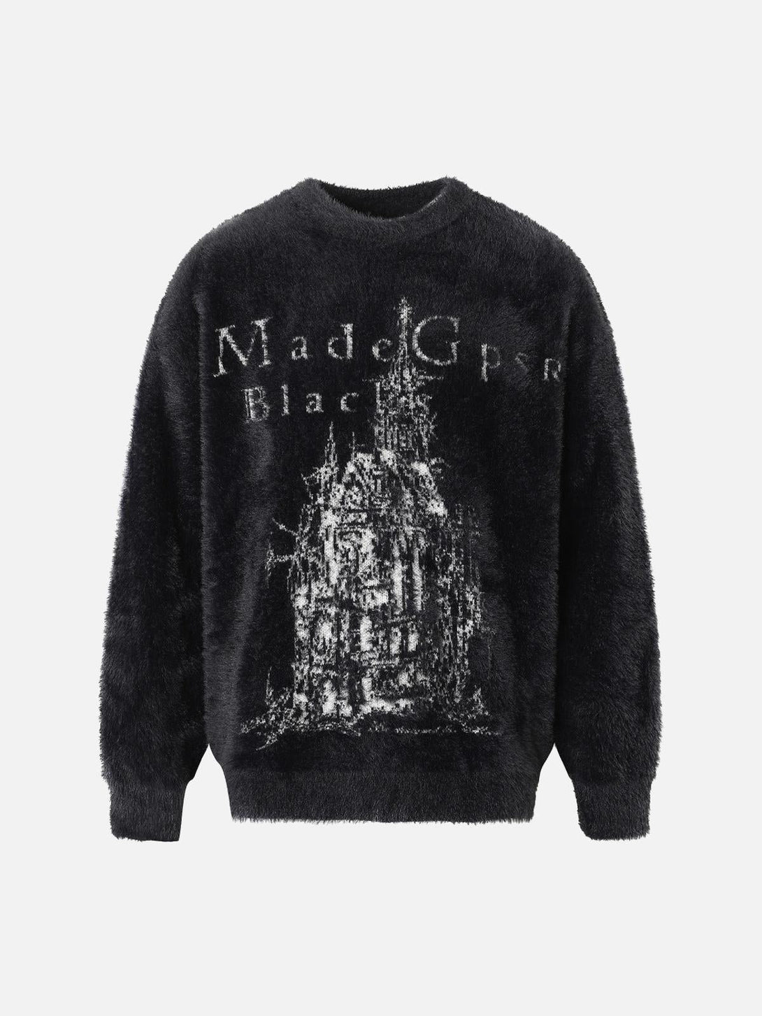 Front view of a plush black sweater by TALISHKO, featuring a distinctive print design.