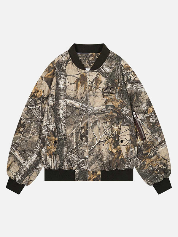 TALISHKO camouflage bomber jacket in a front view, featuring a bold leaf pattern design.
