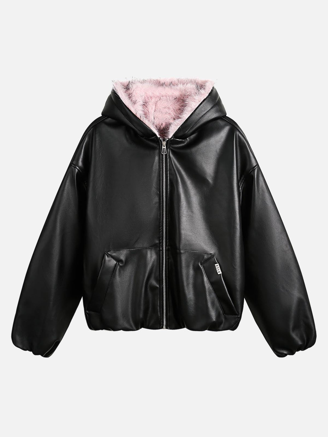 Black leather quilted jacket with pink fur hood, front view by TALISHKO.