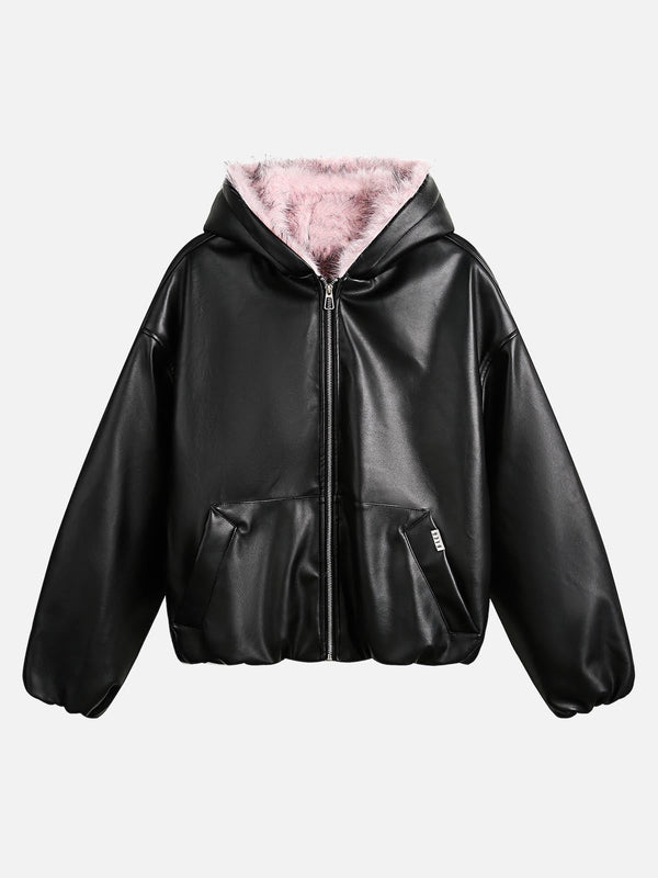 Black leather quilted jacket with pink fur hood, front view by TALISHKO.