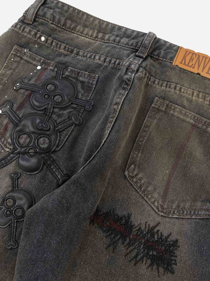 TALISHKO - Leather Skull Splash Ink Micro-flared Jeans, streetwear fashion, talishko.com