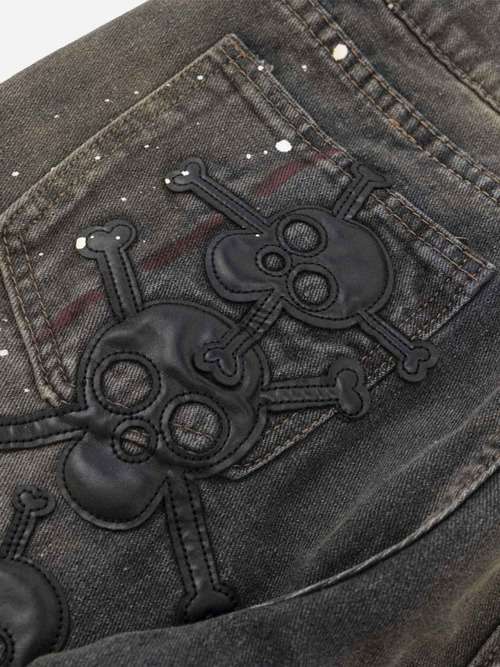 TALISHKO - Leather Skull Splash Ink Micro-flared Jeans, streetwear fashion, talishko.com