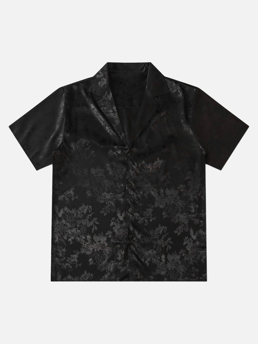 Front view of TALISHKO black vintage shirt with intricate leaf pattern, perfect for urban style.