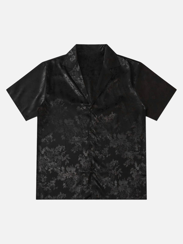 Front view of TALISHKO black vintage shirt with intricate leaf pattern, perfect for urban style.