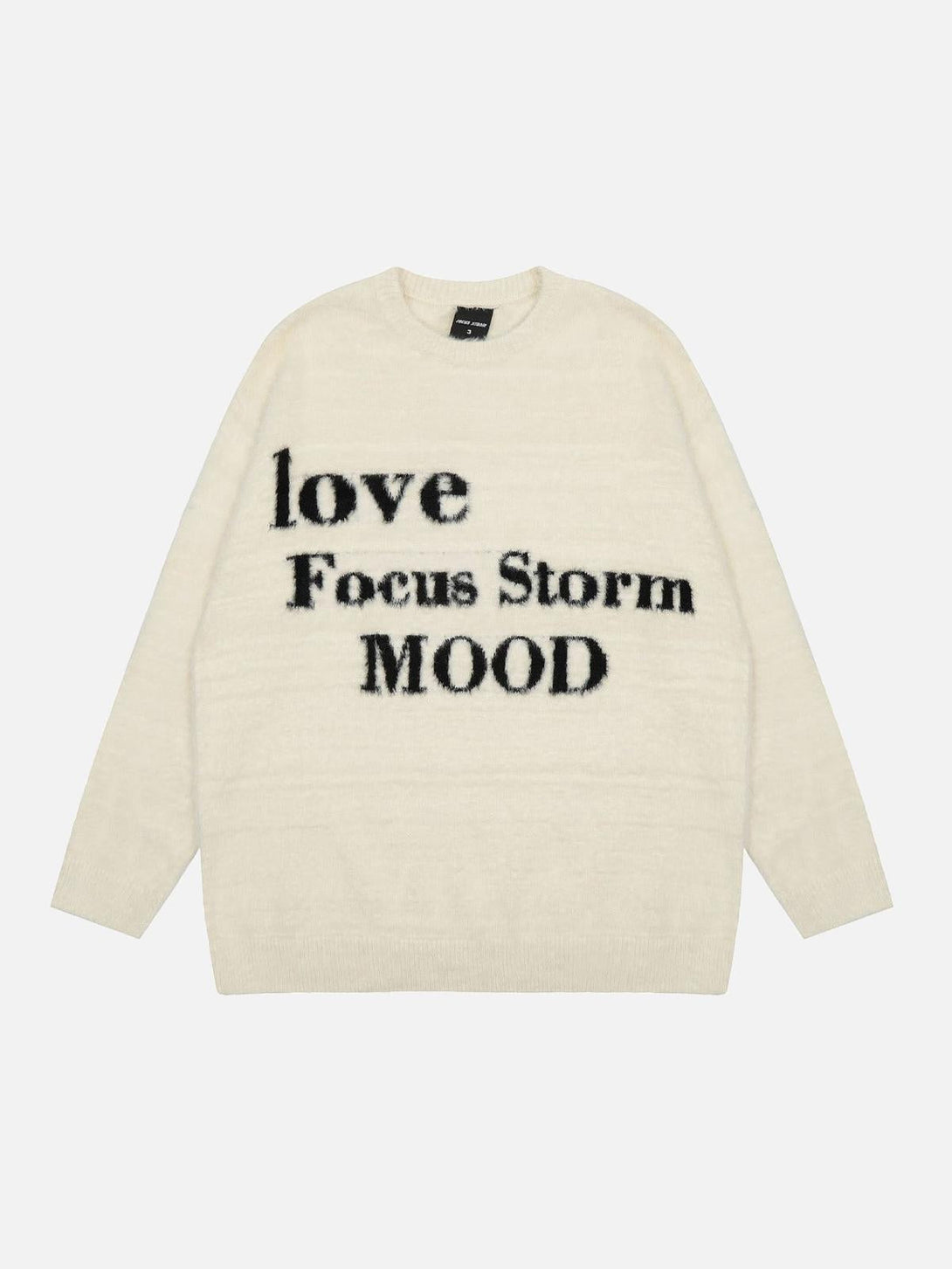 Front view of an apricot round neck sweater by TALISHKO, featuring bold black lettering.