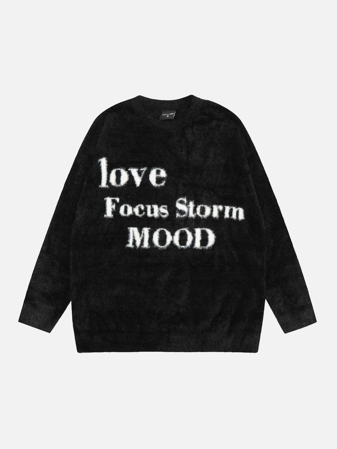 Front view of a black round neck sweater by TALISHKO, featuring bold white lettering for a casual vibe.
