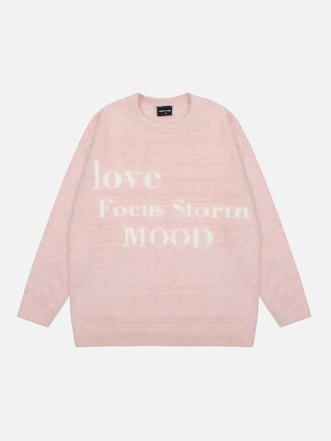 Front view of a pink round neck sweater by TALISHKO, featuring stylish white lettering for a casual look.