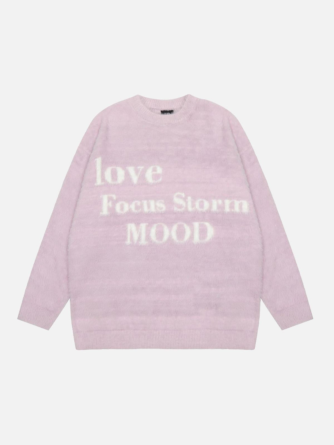 Front view of a purple round neck sweater by TALISHKO, featuring white lettering for a trendy look.