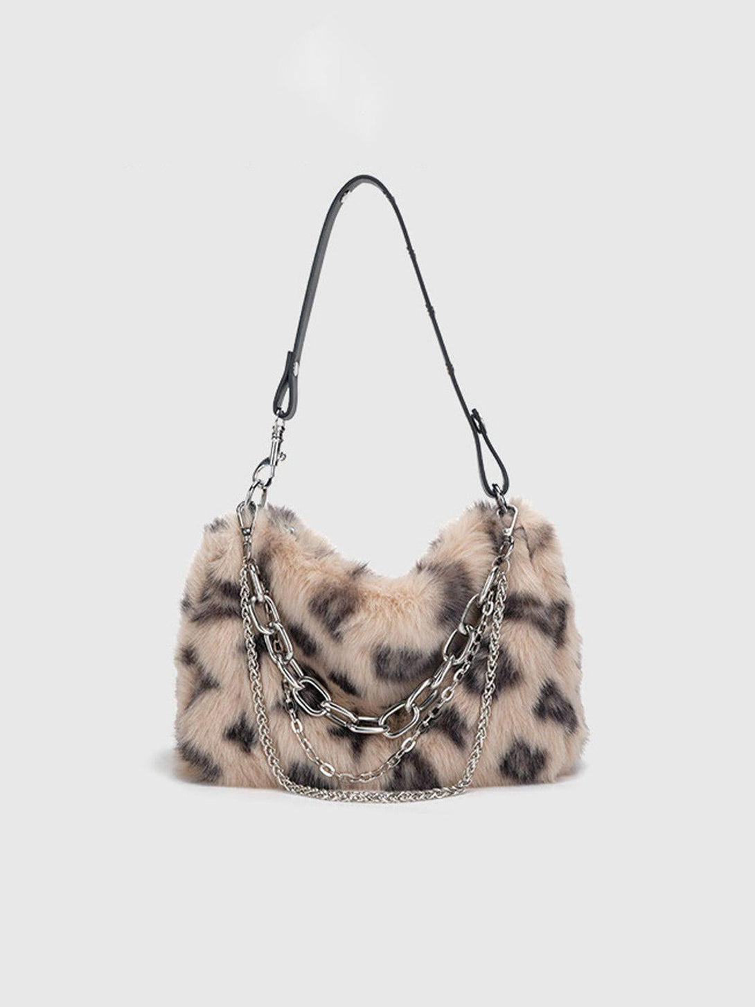 Front view of a khaki leopard fleece chain bag by TALISHKO, adding a chic touch to urban looks.