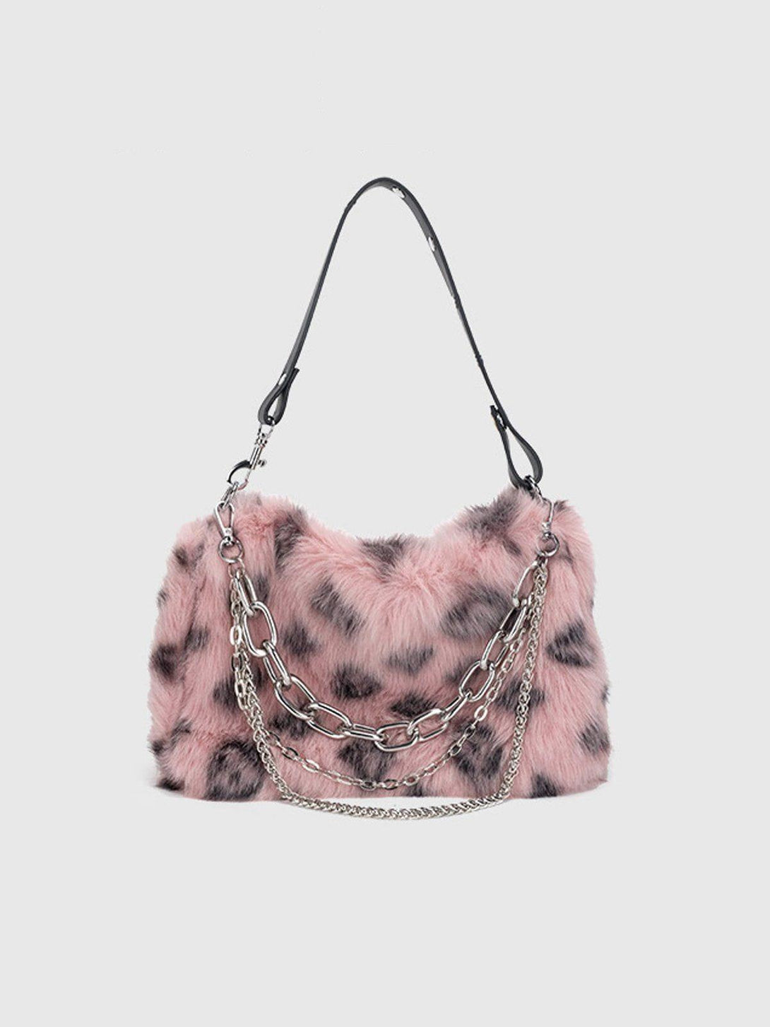 Front view of a pink leopard fleece chain bag by TALISHKO, perfect for edgy street style.
