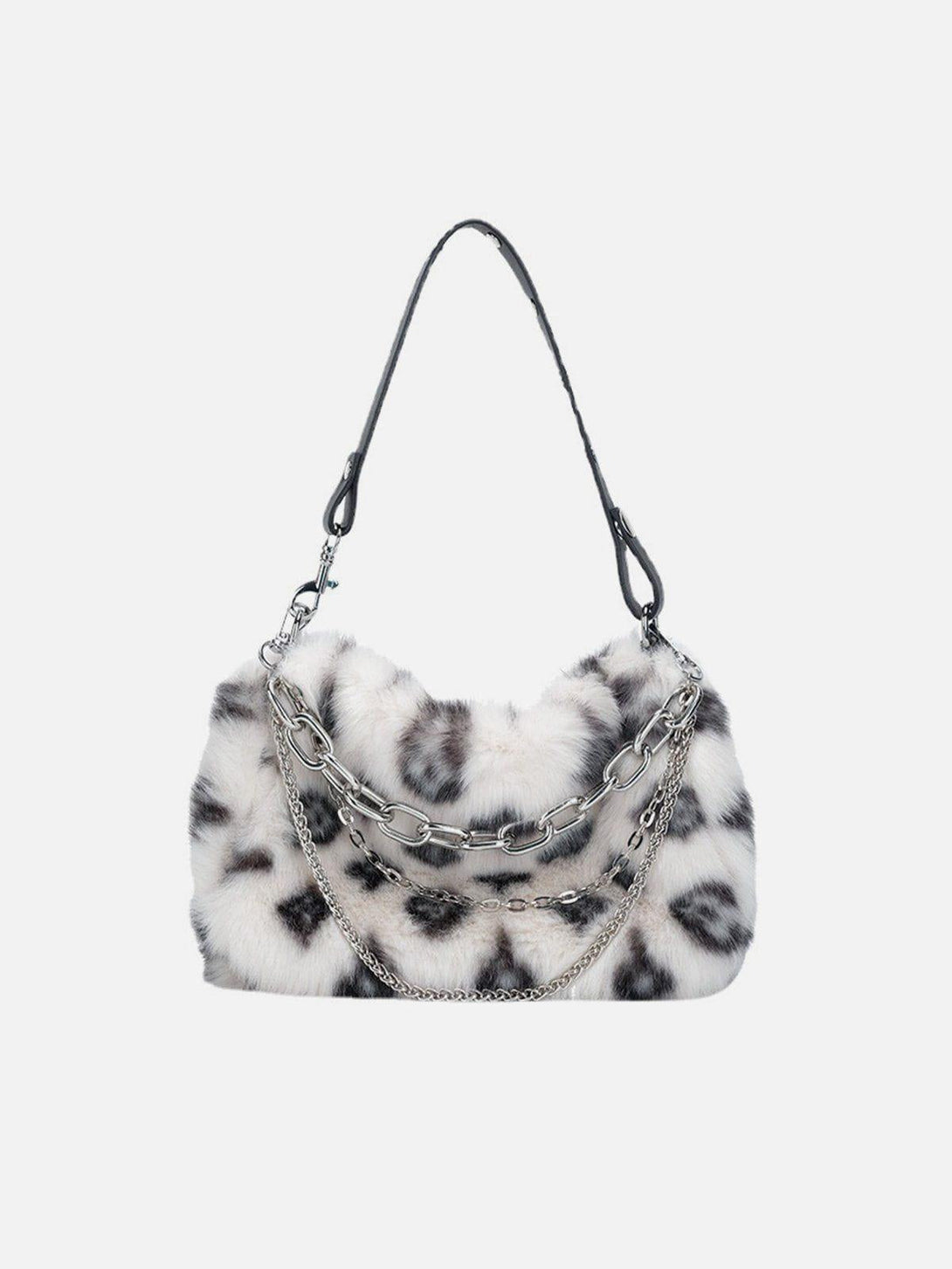 Front view of a white leopard fleece chain bag by TALISHKO, adding flair to urban outfits.