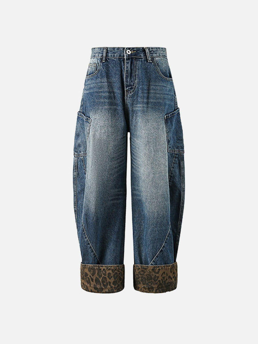 Front view of blue jeans with leopard print cuffs by TALISHKO, featuring a trendy barrel fit.