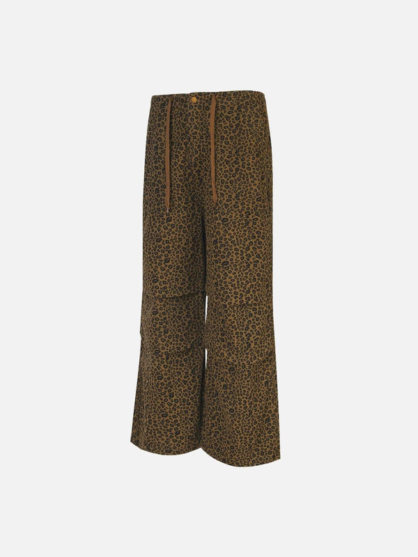 Leopard print drawstring cargo pants by TALISHKO in a stylish front view.