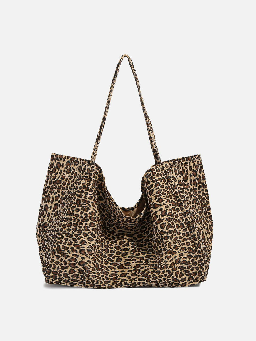 Front view of a brown leopard print tote bag by TALISHKO, perfect for urban style enthusiasts.