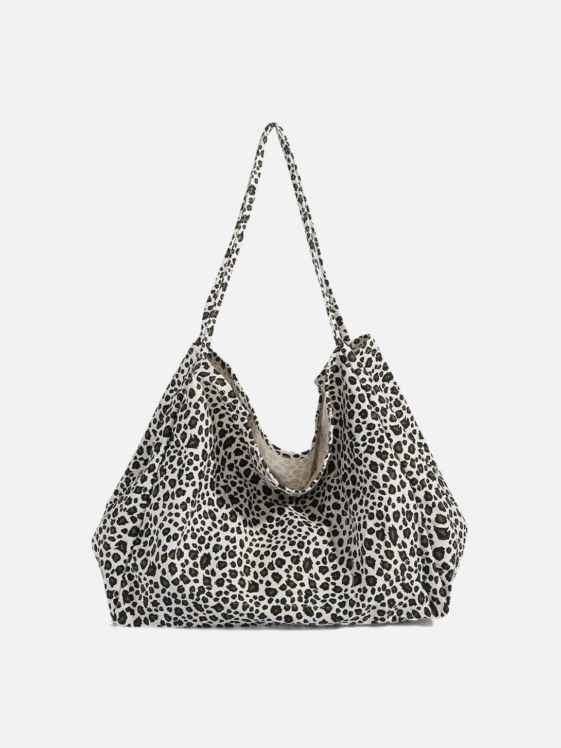 Front view of a white leopard print tote bag by TALISHKO, ideal for urban fashion lovers.