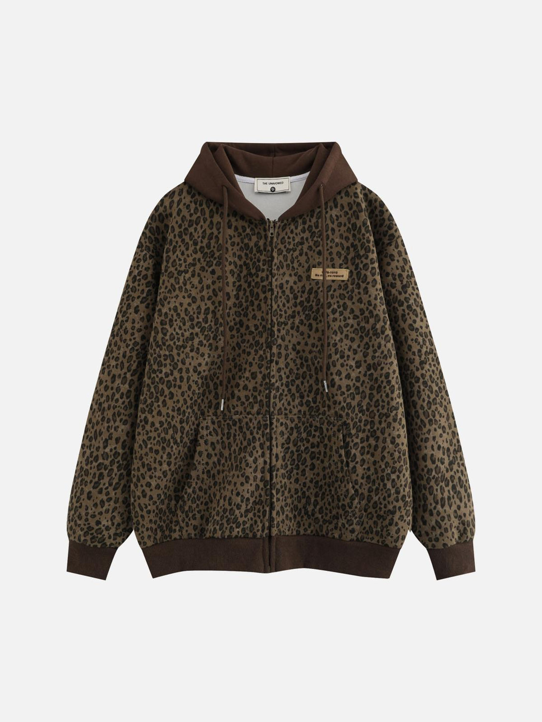 Leopard print zip-up hoodie by TALISHKO, showcasing a stylish front view in rich brown tones.