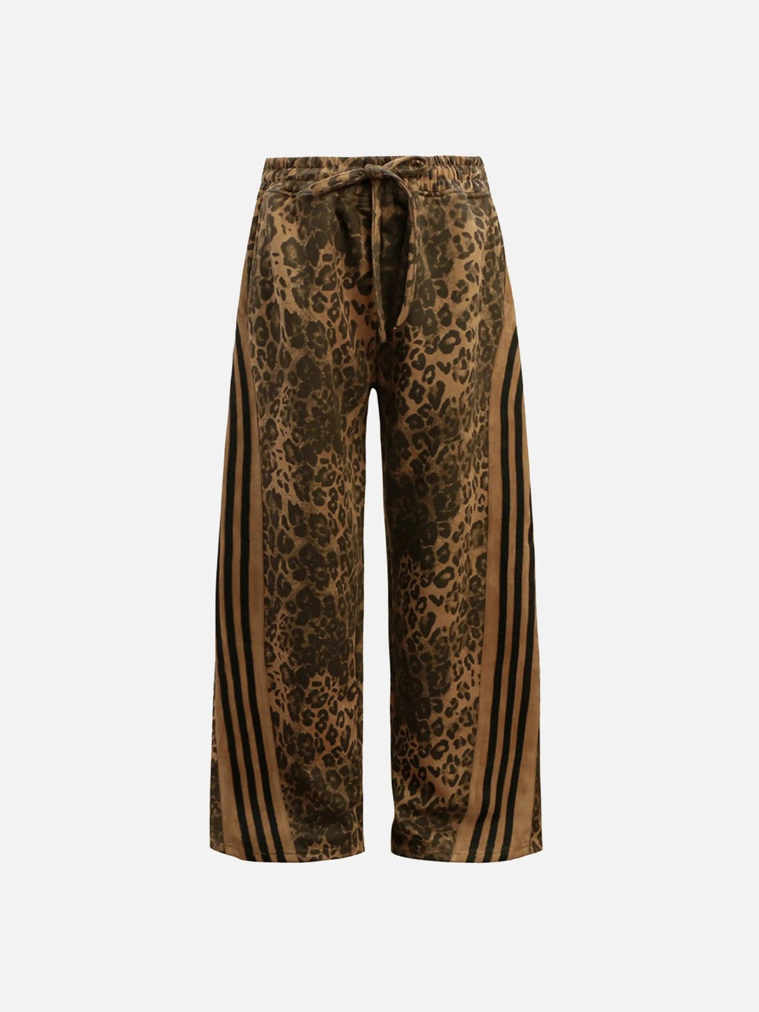 Front view of TALISHKO brown leopard stripe sweatpants, perfect for bold street style.