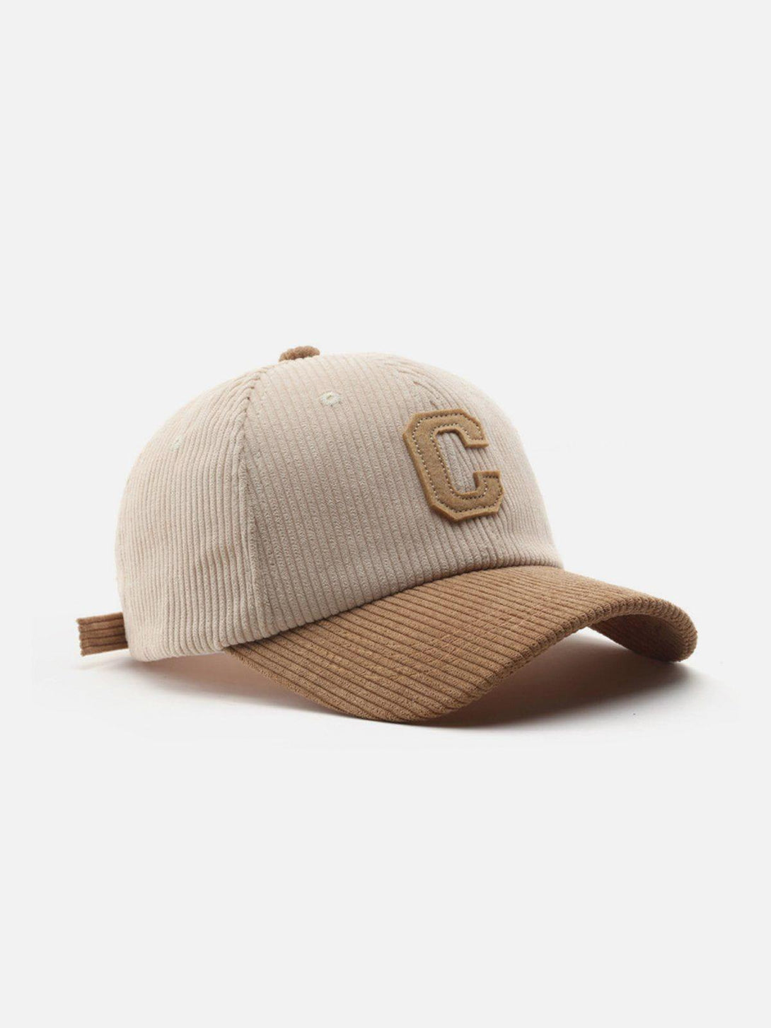 Khaki patchwork hat with letter C and ribbed texture by TALISHKO, perfect for casual wear.