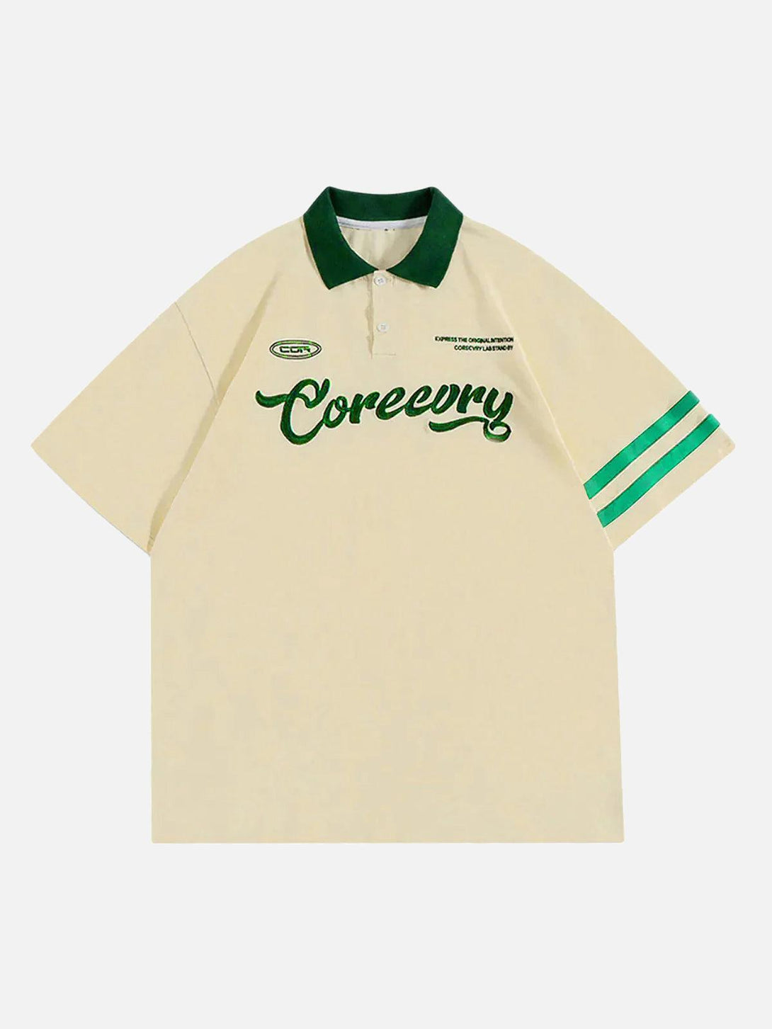 Front view of a beige polo shirt with green embroidery by TALISHKO, perfect for casual wear.