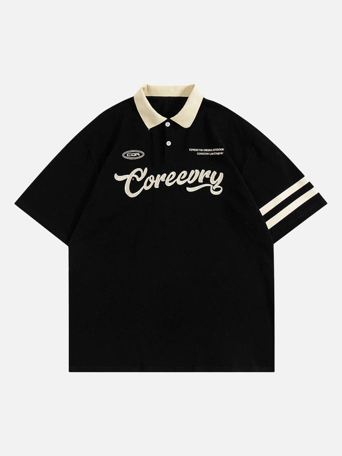 Front view of a black polo shirt with white embroidery by TALISHKO, perfect for urban style.