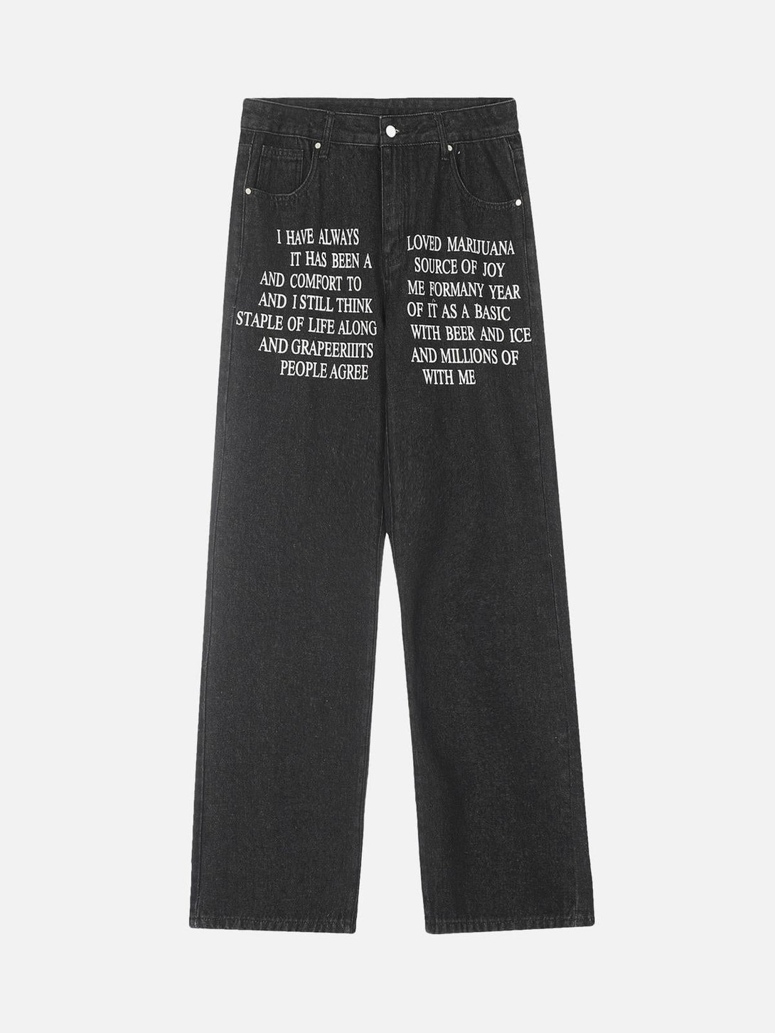 Front view of black hip-hop washed jeans featuring letter embroidery, crafted by TALISHKO.