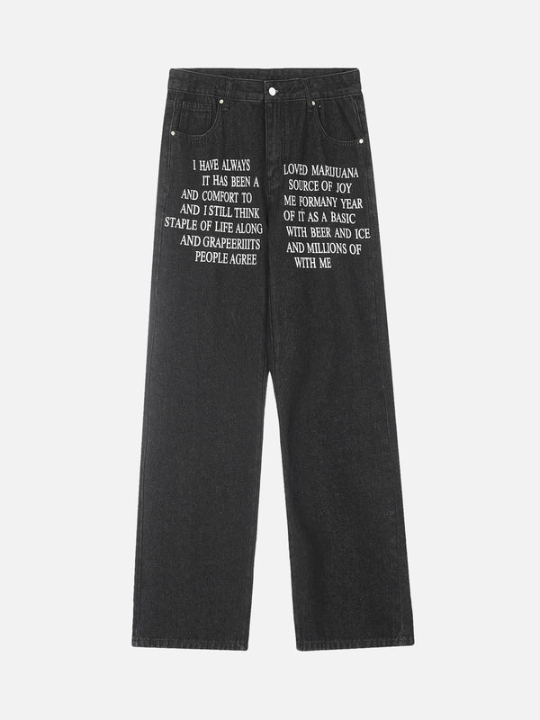 Front view of black hip-hop washed jeans featuring letter embroidery, crafted by TALISHKO.