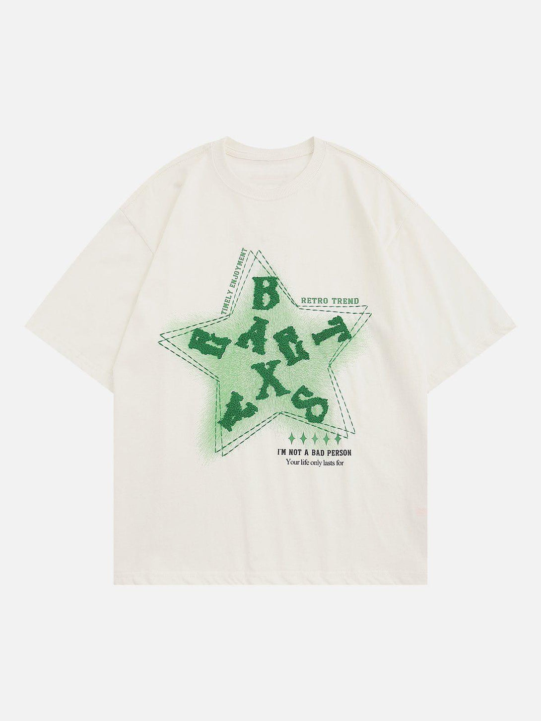 Front view of a white TALISHKO tee with green star and letter design, ideal for casual looks.