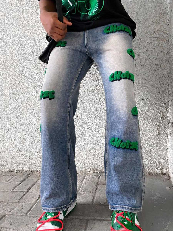 TALISHKO - Letter Flocking Distressed Straight Jeans, streetwear fashion, talishko.com