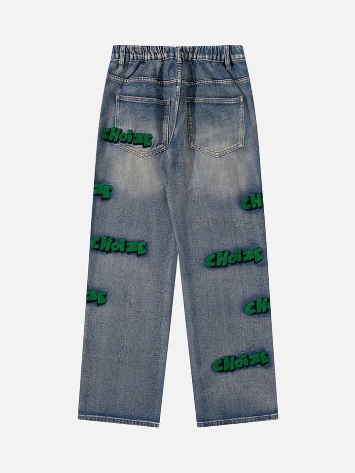 TALISHKO - Letter Flocking Distressed Straight Jeans, streetwear fashion, talishko.com