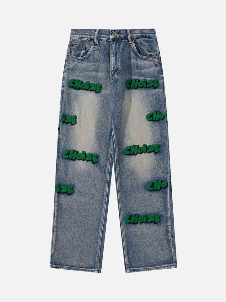 TALISHKO - Letter Flocking Distressed Straight Jeans, streetwear fashion, talishko.com