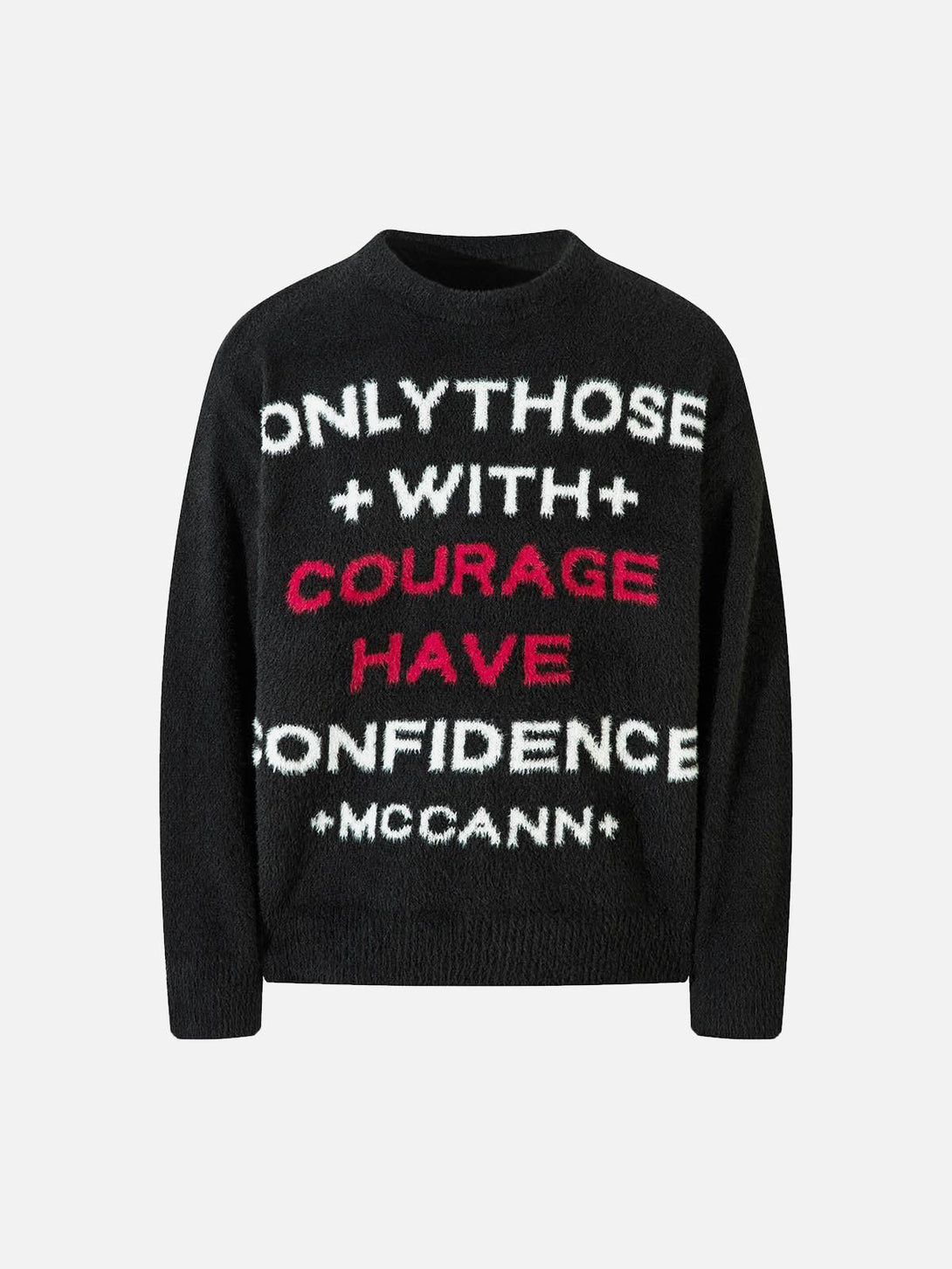 Front view of a black letter graphic sweater by TALISHKO, showcasing bold, contrasting text.