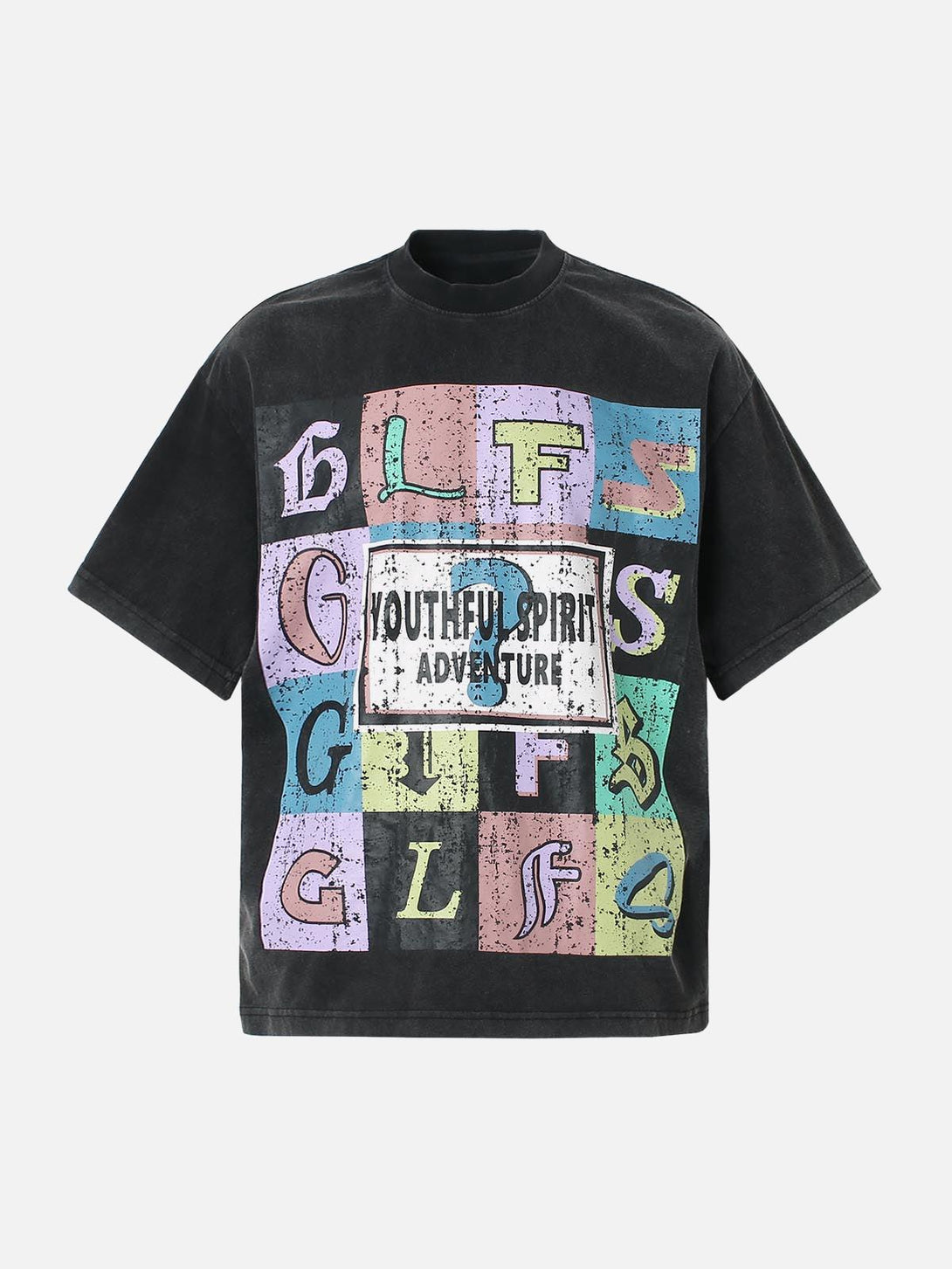 Front view of a black crew-neck T-shirt by TALISHKO with a vibrant letter graphic design.