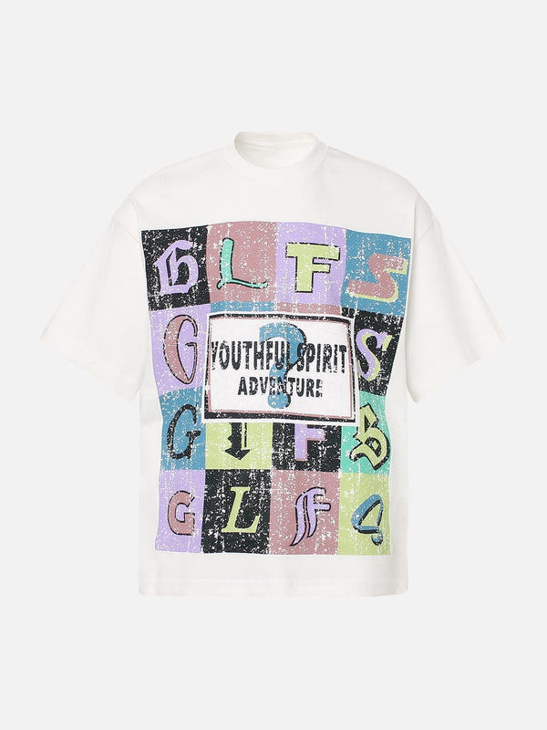 Front view of a white crew-neck T-shirt by TALISHKO featuring a colorful letter graphic design.