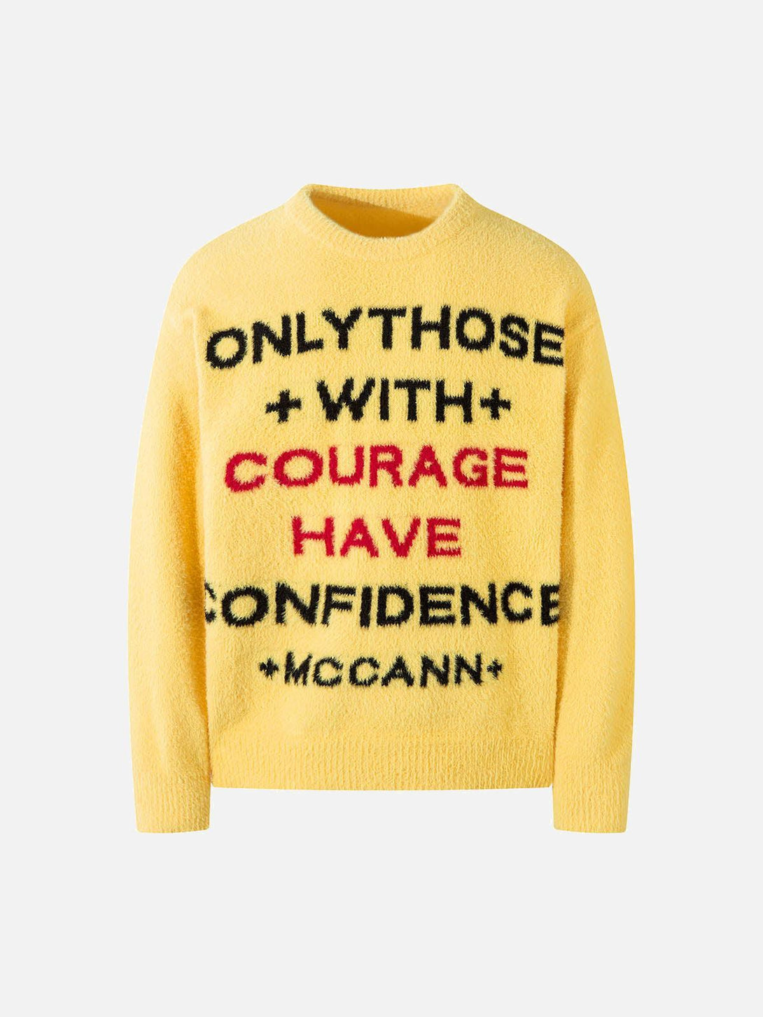 Front view of a yellow letter graphic sweater by TALISHKO, featuring bold, inspiring text.