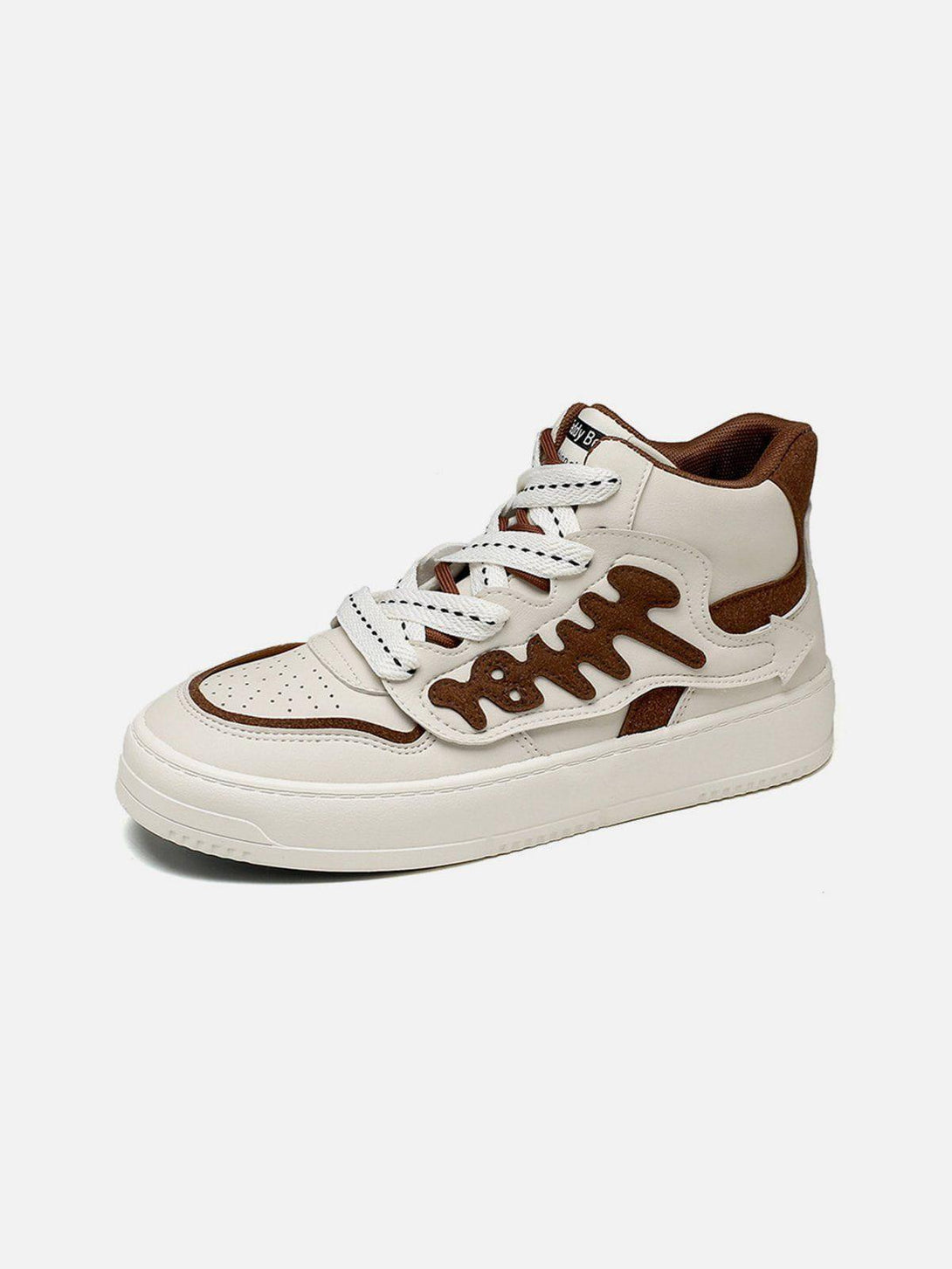 Front view of TALISHKO brown and white high-top skate shoes with unique side detailing.